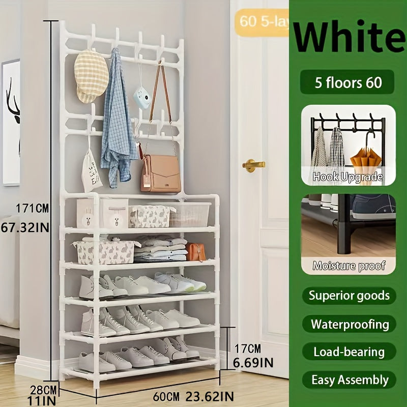 Metal entryway storage rack with shoe shelves, tier organizer, removable hooks, coat and hat stand for front door entry, for clothing, shoes, hats, bags, and umbrellas - in white and black.