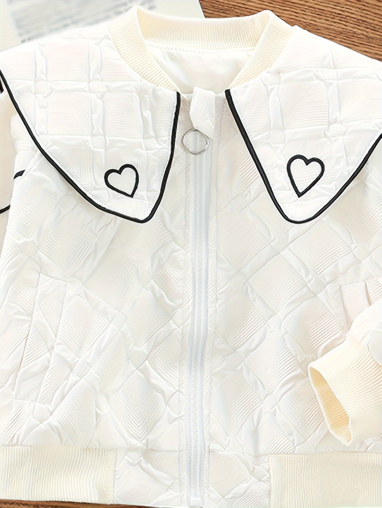 White polyester jacket with heart collar - perfect for spring/fall, casual zip-up outerwear for girls, machine washable.