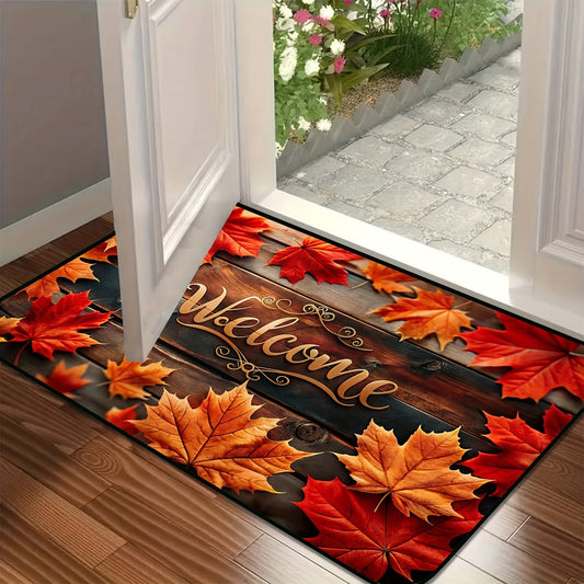 Durable Autumn Leaves Welcome Doormat - Non-Slip, Machine Washable, Polyester Low Pile Mat Suitable for Various Rooms - Fade-Resistant Entrance Rug for Your Home