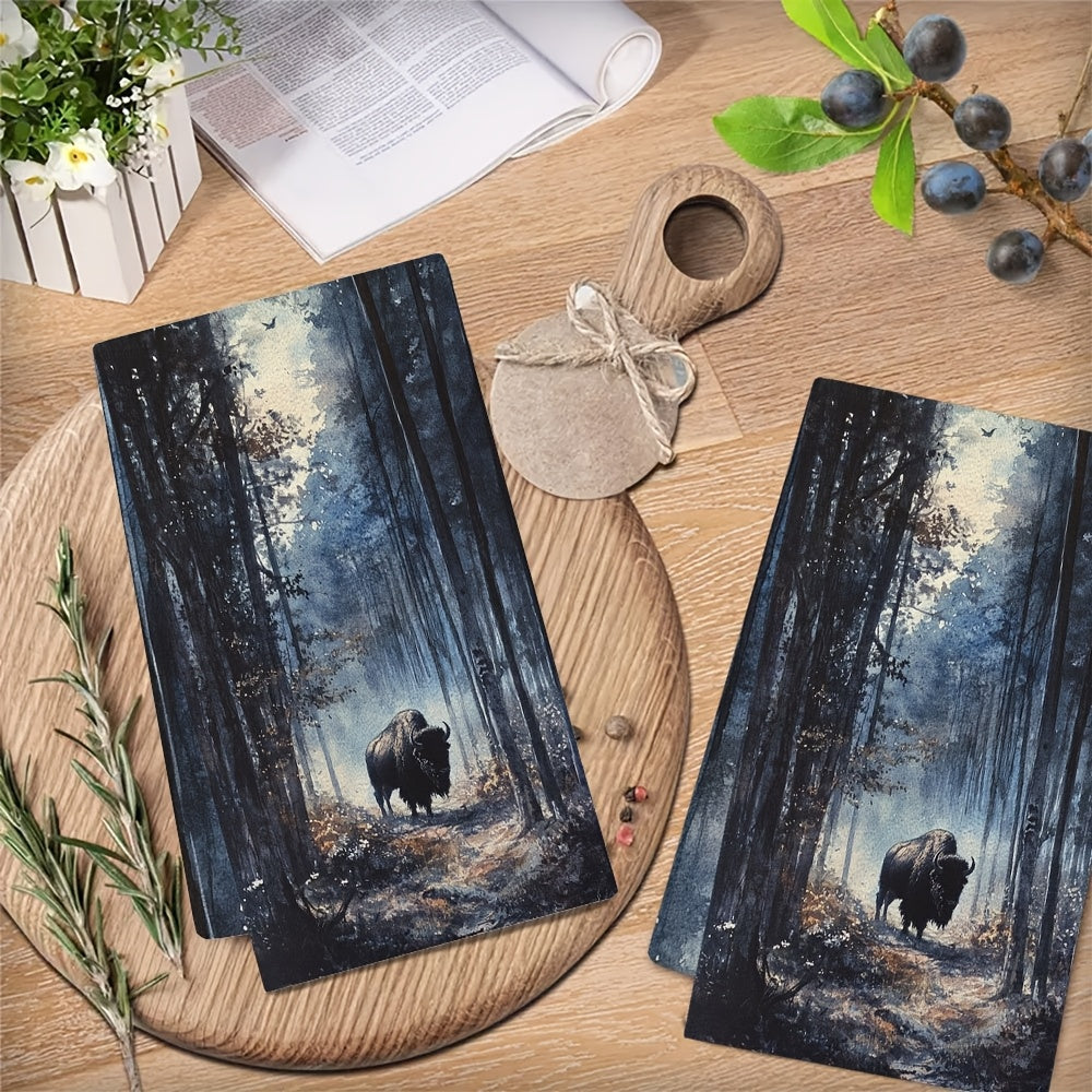 Ultra Soft Kitchen Towels featuring Majestic Bison in Woods Scene - Set of 2. Highly Absorbent, Machine Washable Dish Hand Towels with Contemporary Style. Size: 40.64x60.96 cm. Made of Ultrasoft Polyester. Perfect for any modern kitchen.