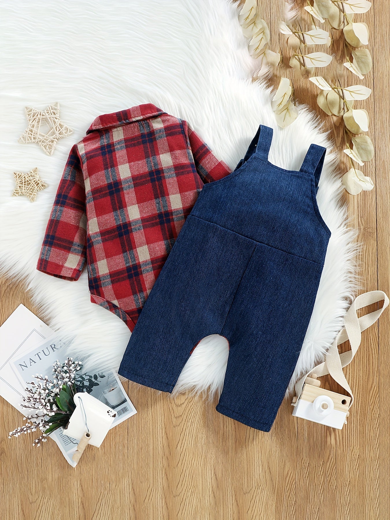 Plaid long sleeve bodysuit with jeans overalls set for boys aged 0-18 months, featuring stand collar, button detail, and woven fabric for outdoor wear.