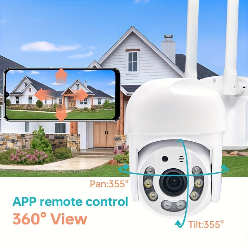 Outdoor WiFi security camera with waterproof design, featuring pan tilt automatic tracking and audio CCTV monitoring. This 360 IP camera provides day and night full-color AI humanoid motion detection, along with two-way voice intercom. Stay secure with