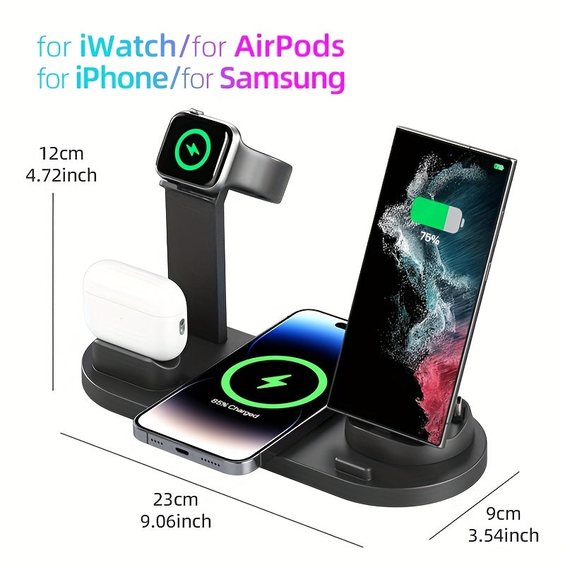 15W wireless charger for iPhone and Samsung devices, AirPods, and iWatch.