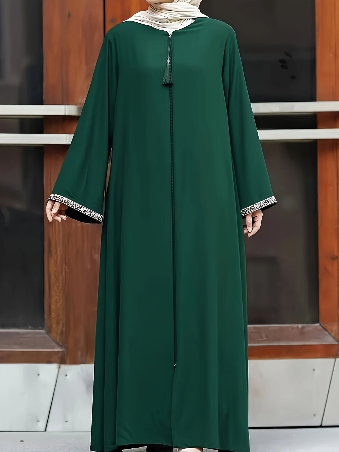 Women's sequined trim long sleeve maxi dress with crew neck, loose fit, and max length - perfect for Muslim attire.