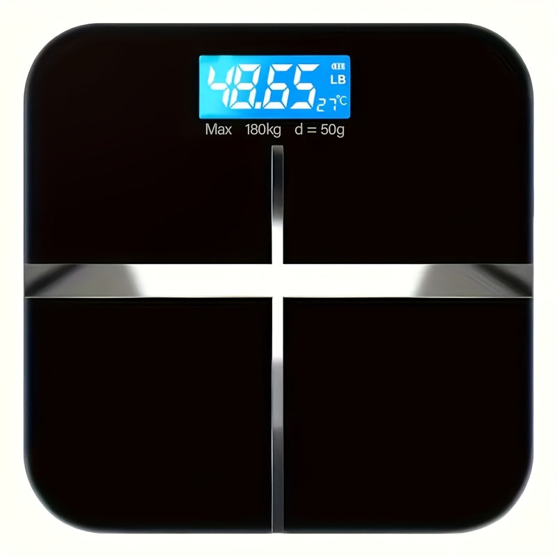 Small household body scale with a wide platform and high capacity, featuring large easy-to-read numbers on a backlit LCD display, ensuring accurate and safe weight measurement up to 176.9