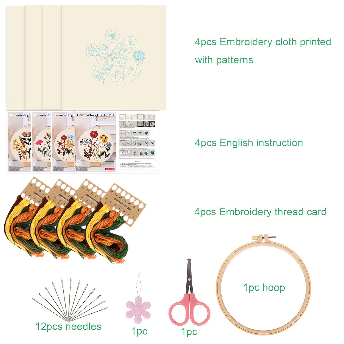 4-piece embroidery kit with floral pattern, hoops, floss threads, and needles, along with a 3-pack cross stitch kit for beginners.