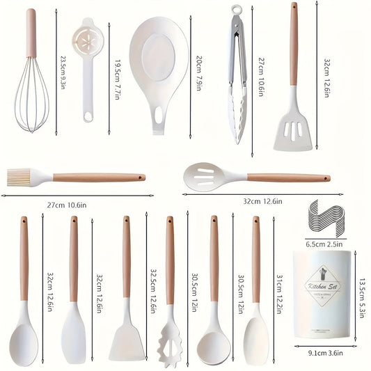 Silicone Kitchen Utensil Set with Wooden Handles - 24 Piece Set for Cooking and Baking