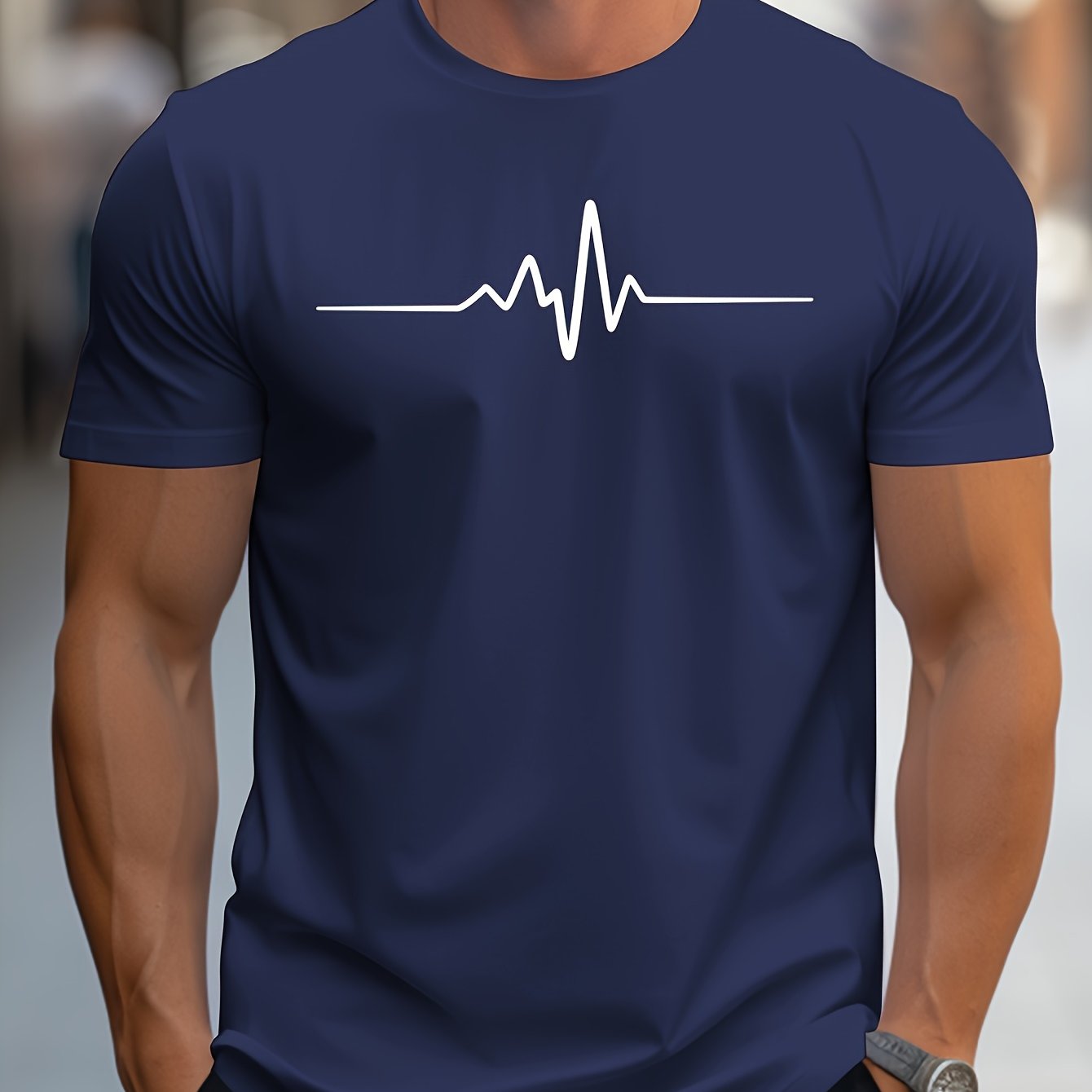 MBDMBD Unisex Fashion T-Shirt in Navy Blue with Heartbeat Print, Regular Fit, Soft Polyester Knit Fabric with Slight Stretch, 95% Polyester 5% Elastane, 180gsm.