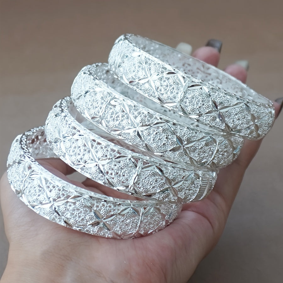 Set of 4 Women's Bridal Silver Plated Bracelets, specially designed for Middle East and Africa, with a focus on Ethiopia. This beautiful jewelry gift is inspired by India, Ethiopia, France, and Dubai.