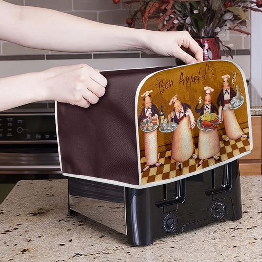 Chef-themed toaster cover with washable and dustproof design. Includes top hook for easy hanging. Whimsical kitchen appliance protector in size S, showcasing cartoon chefs in action.