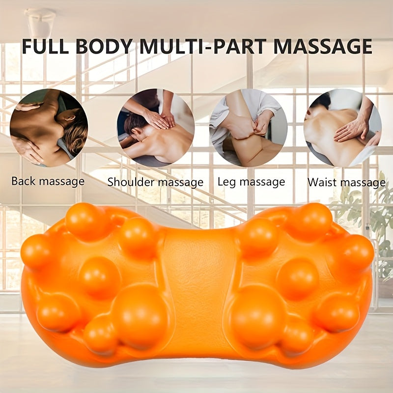 Muscle back pain relief tool for targeting various areas in the hips, sacroiliac joints, pelvis, and lumbar spine with 14-point trigger point massage roller.