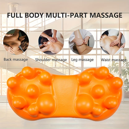 Muscle back pain relief tool for targeting various areas in the hips, sacroiliac joints, pelvis, and lumbar spine with 14-point trigger point massage roller.