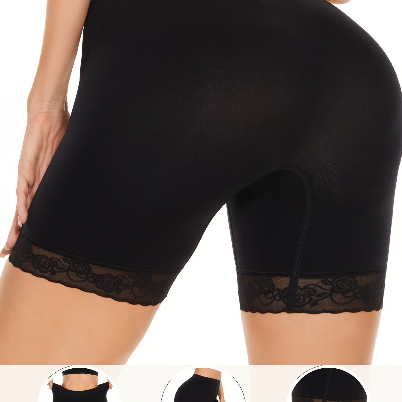 Seamless lace-trimmed chub rub shorts for women with high waist, anti-chafing properties, and made from a stretchy nylon/elastane blend, perfect for dresses and skirts.