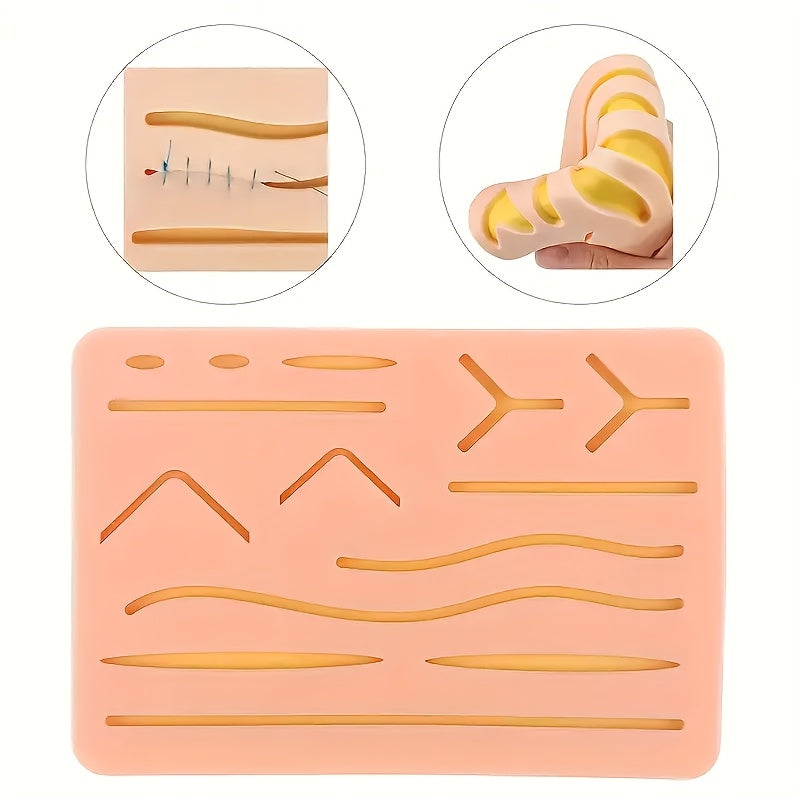 Realistic silicone skin kit for suturing practice, with 14 pre-cut wounds.