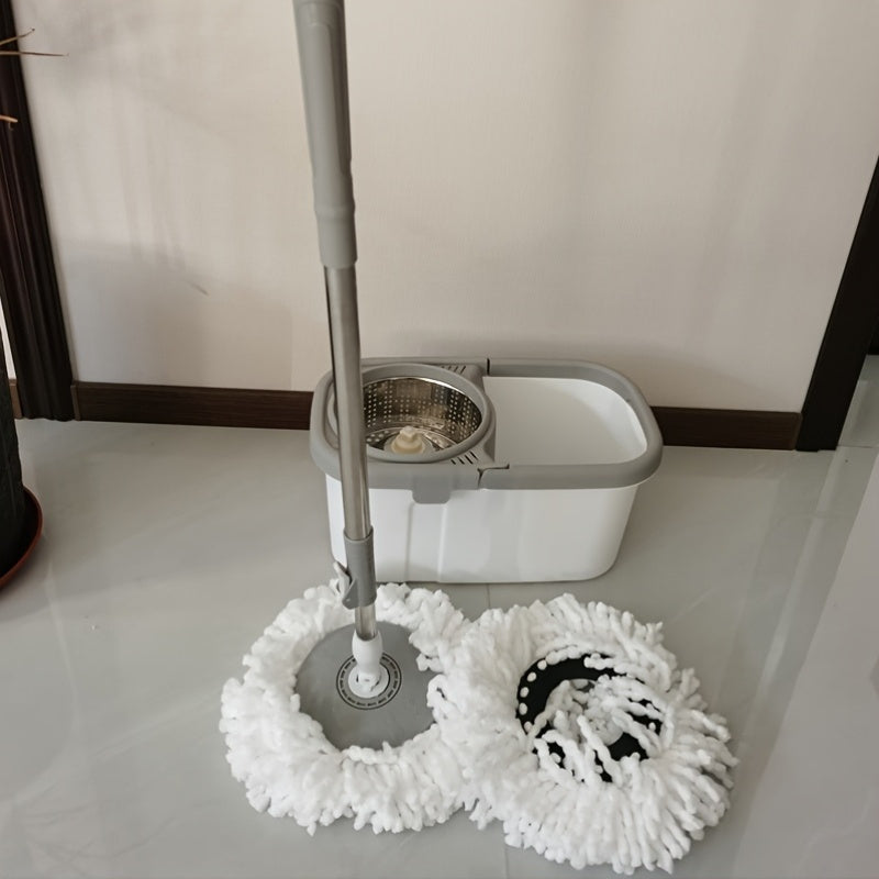 The Dual-Drive Spin Mop and Bucket Set includes 1 piece and features a 360° stainless steel swivel tray plate, making cleaning effortless in various areas such as the living room, bedroom, toilet, and kitchen. Made of durable plastic material.