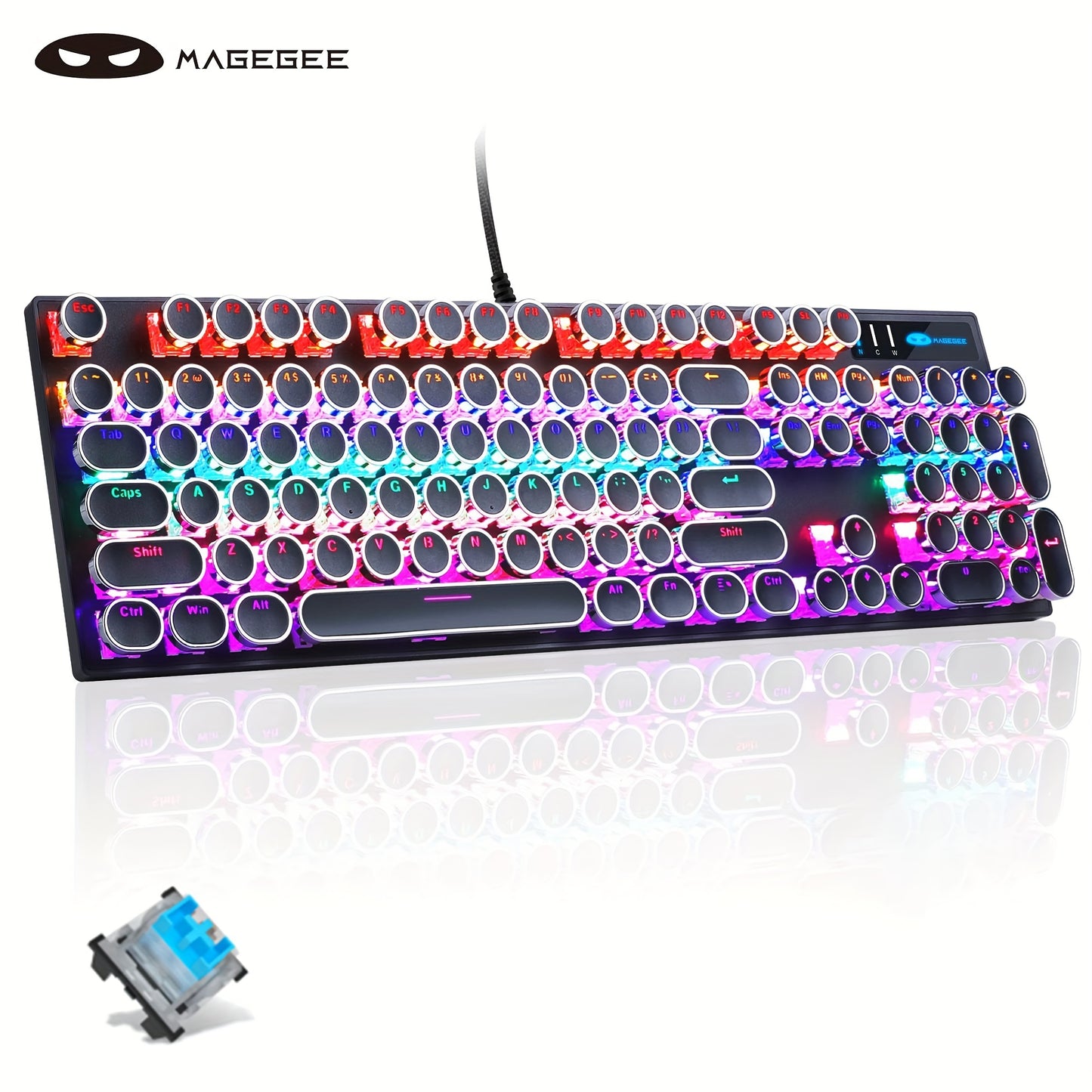 MageGee Typewriter Mechanical Gaming Keyboard with RGB Rainbow Backlit Round Keycaps suitable for Game and Office use on Windows, Laptop PC, and Mac.