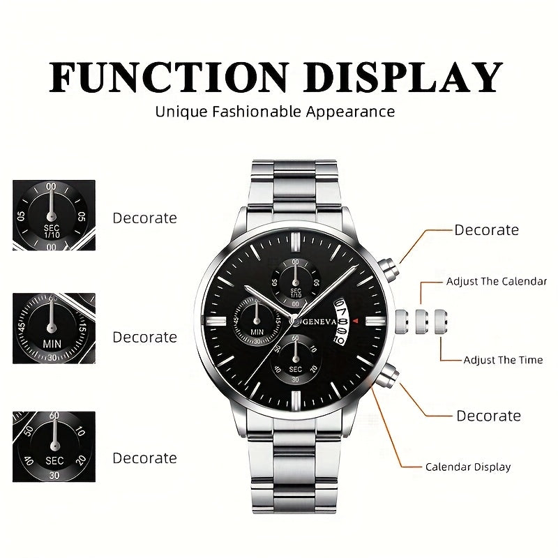 Men's 4-piece fashion gift set includes a stainless steel quartz watch with calendar, arrow necklace, bracelet, and ring. Perfect for business casual attire.