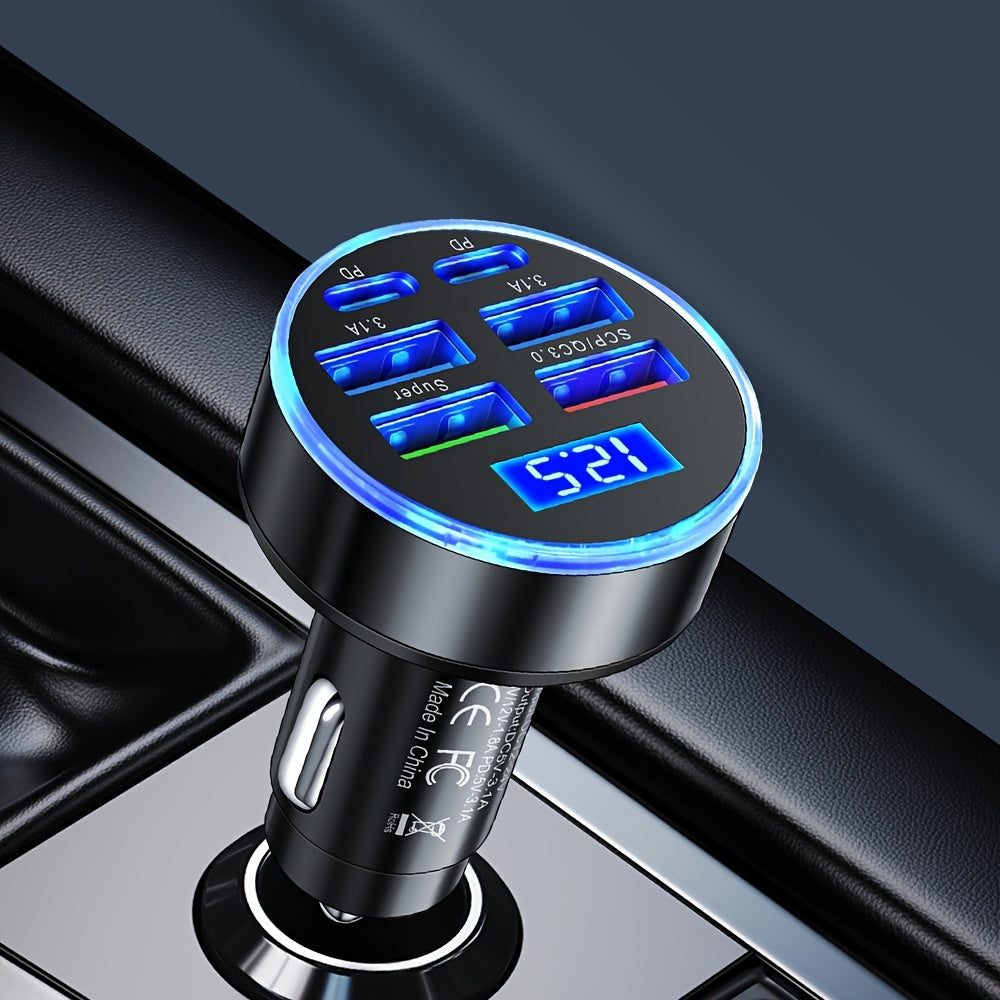 Hianda 6-in-1 USB Super Car Charger with LED Screen, Rapid Charging for 6 Phones