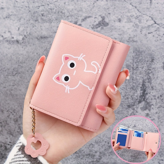 Girls' Tri-Fold Wallet with Adorable Pink Cat Cartoon Design - Compact Faux Leather Coin Purse with Keychain, Stain-Resistant & Lightweight - Ideal for Travel & Daily Use