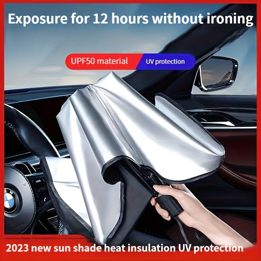 Car sunshade for windshield to block heat and provide insulation, with blackout curtain for small cars.