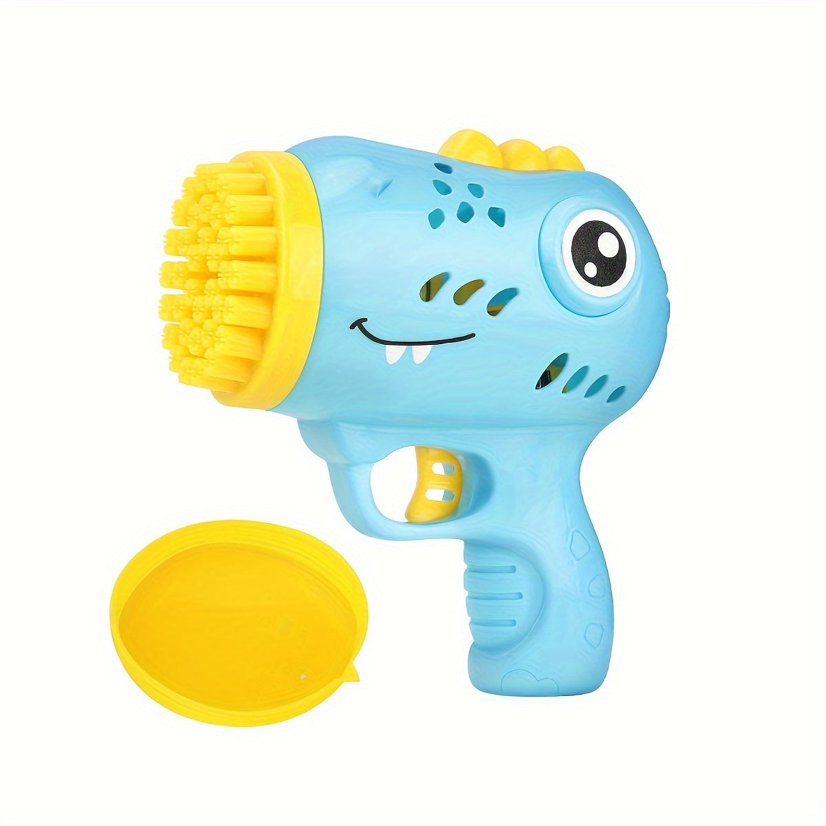 Children's Electric Dinosaur Bubble Gun with 36 nozzles, handheld and automatic, perfect outdoor party toy for ages 3-6, featuring LED light and made of plastic.