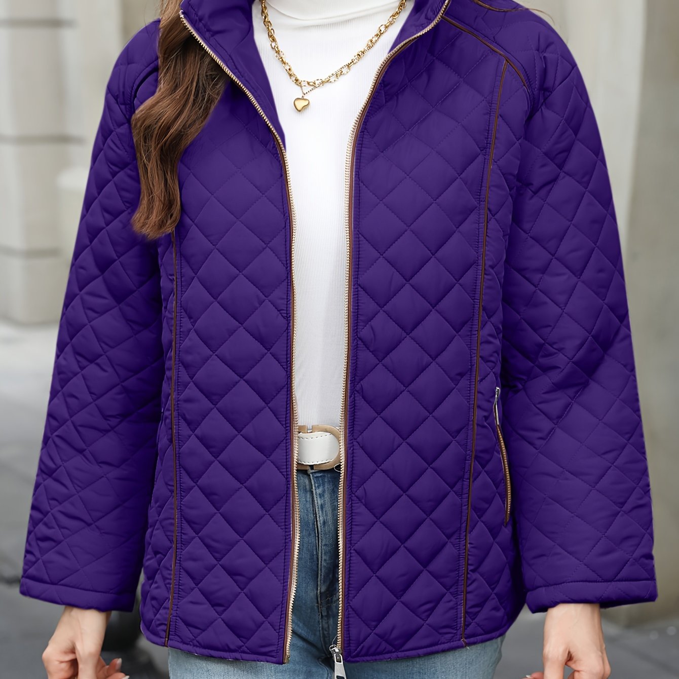 Women's plus size casual quilted outerwear with stand collar, zipper, and long sleeves. Made of 100% non-stretch solid woven polyester for fall/winter.