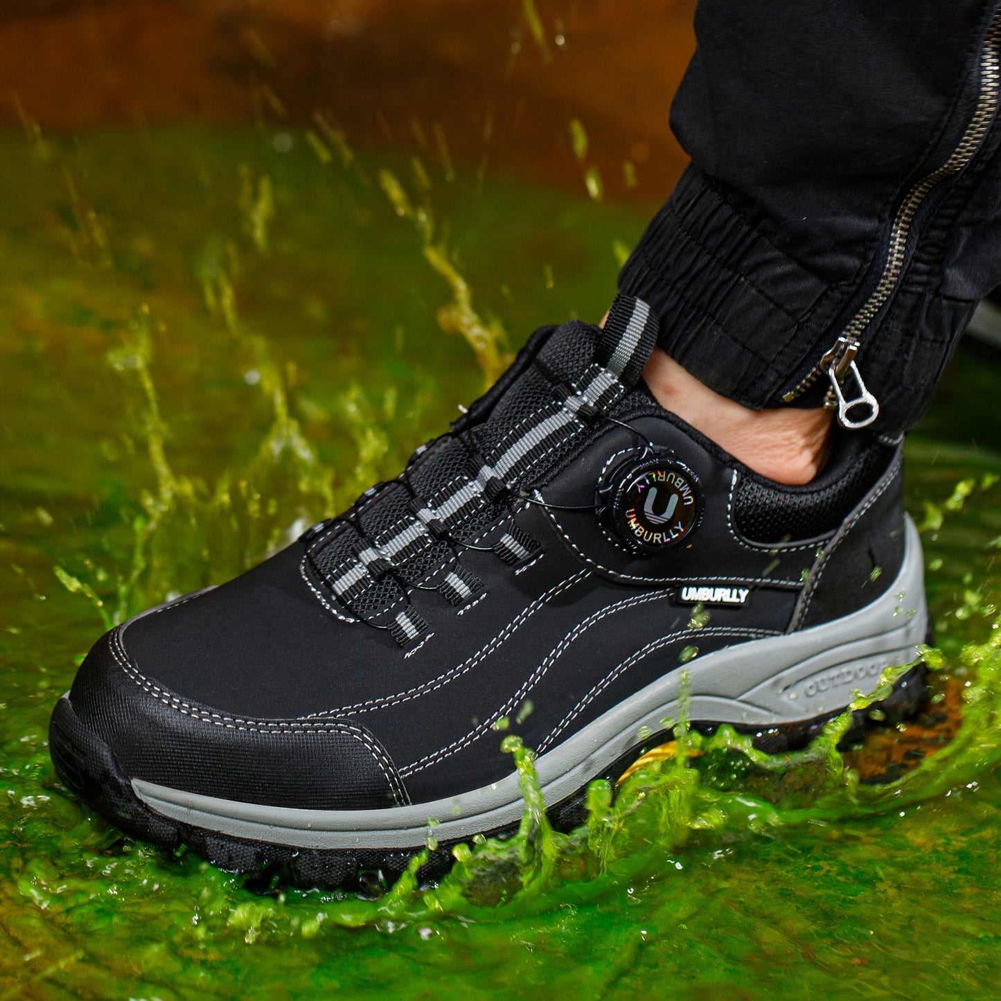 Breathable low top work shoes with rotary buckle, steel toe, and protective design for all seasons outdoor work. Anti-smashing.