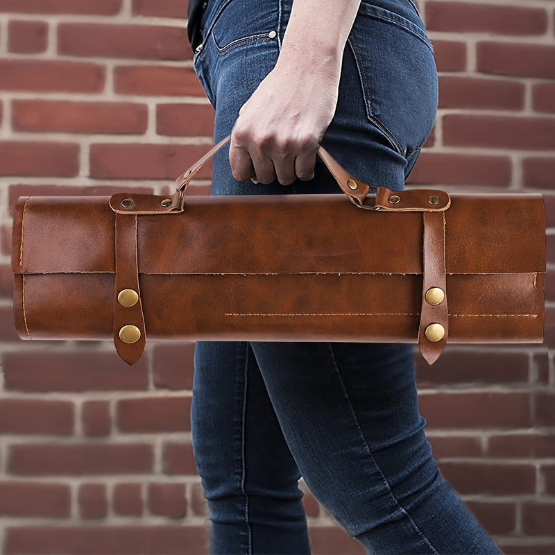 Chef Knife Roll Up Bag made of 1 piece Genuine Leather, perfect for storing chef tools. This portable and folding knife bag is durable and ideal for travel, camping, and kitchen organization. Carry your chef knives in style with this perfect kitchen tool