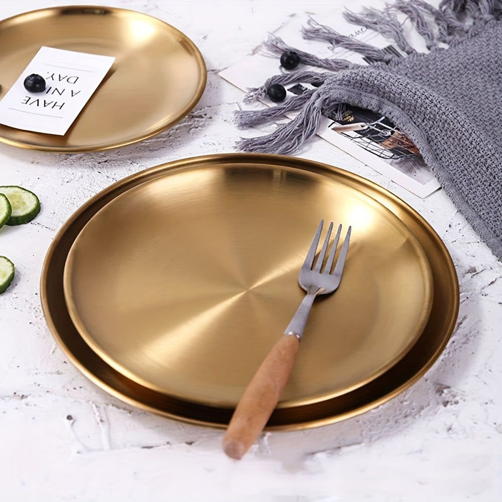 Round stainless steel dessert tray for elegant food presentation at various events. Ideal for weddings, birthdays, holidays.