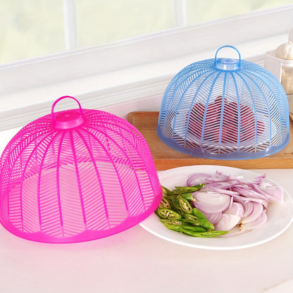 Set of 3 plastic food covers with colorful mesh screens for outdoor use. Keep flies, bugs, and dust away from your plates and bowls during picnics, parties, and in the kitchen.