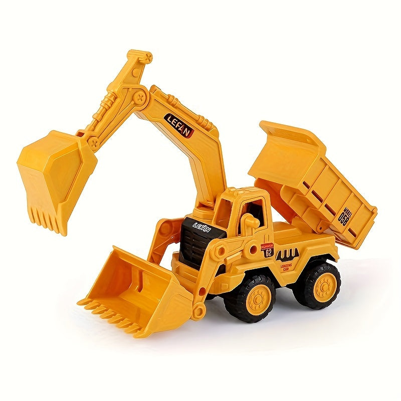 A versatile construction playset featuring an excavator, pusher, and tipper - perfect for young ones. Made from durable plastic and produced in China, this makes an ideal gift.