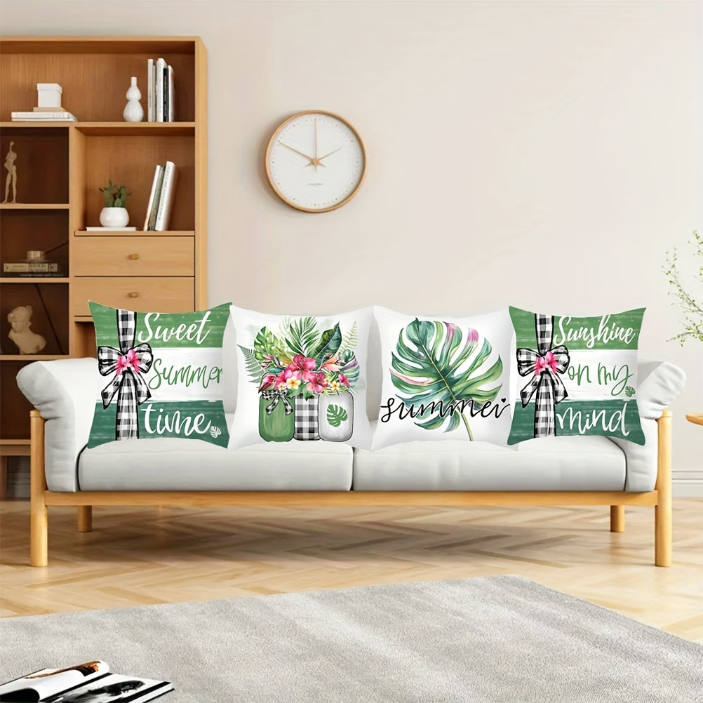 Brighten up your space with the "Sunshine on My Mind" Green Leaves Throw Pillow Cover. Measuring 43.99cm square, this pillow cover is made of stain-resistant polyester and features a hidden zip closure for easy removal and cleaning. Perfect for adding a