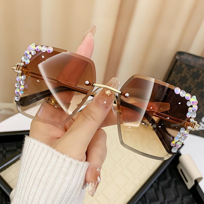 2 rhinestone rimless fashion glasses for women with gradient lenses, metal frames, and casual yet fashionable design.