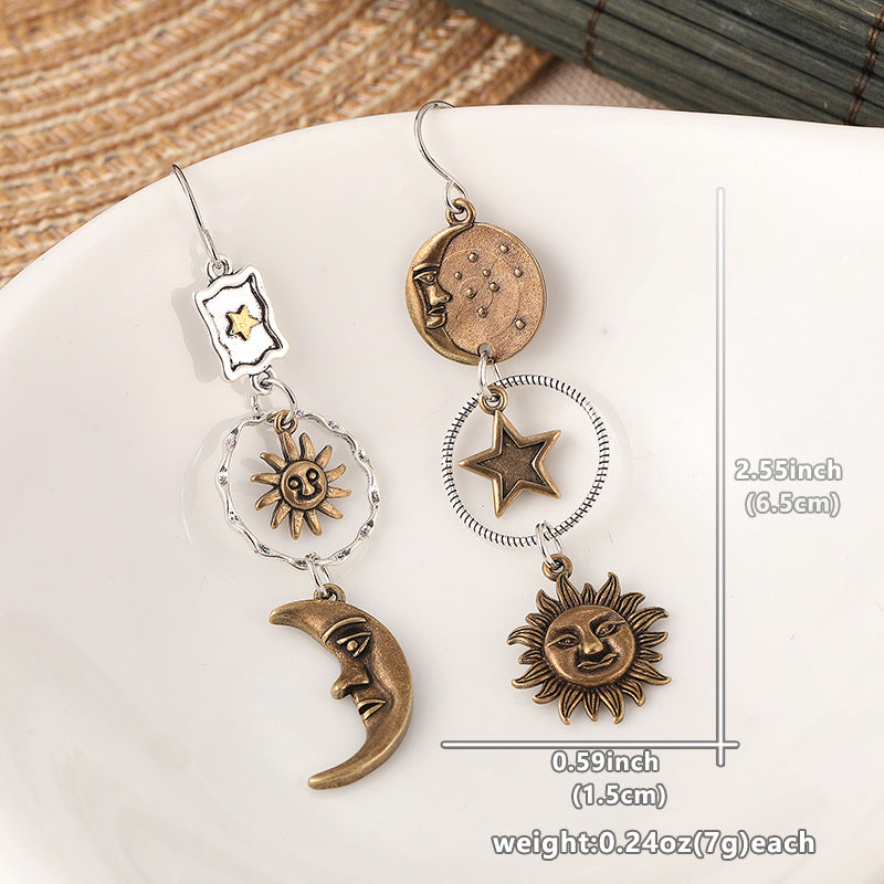 Antique Bronze Boho-Chic Earrings featuring Asymmetrical Dangles of Star, Moon, and Sun - Ideal for Everyday Wear or as a Thoughtful Gift for Women's Party - Stylish and Unique Pendant Option