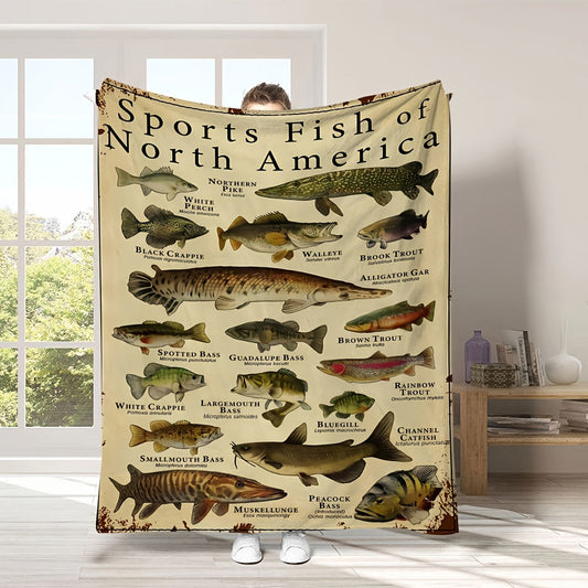 This vintage North American sports fish guide flannel blanket is hypoallergenic, soft, and plush. It is machine washable and lightweight, making it ideal for all seasons. This multipurpose animal-themed bedding is perfect for use on the sofa or while