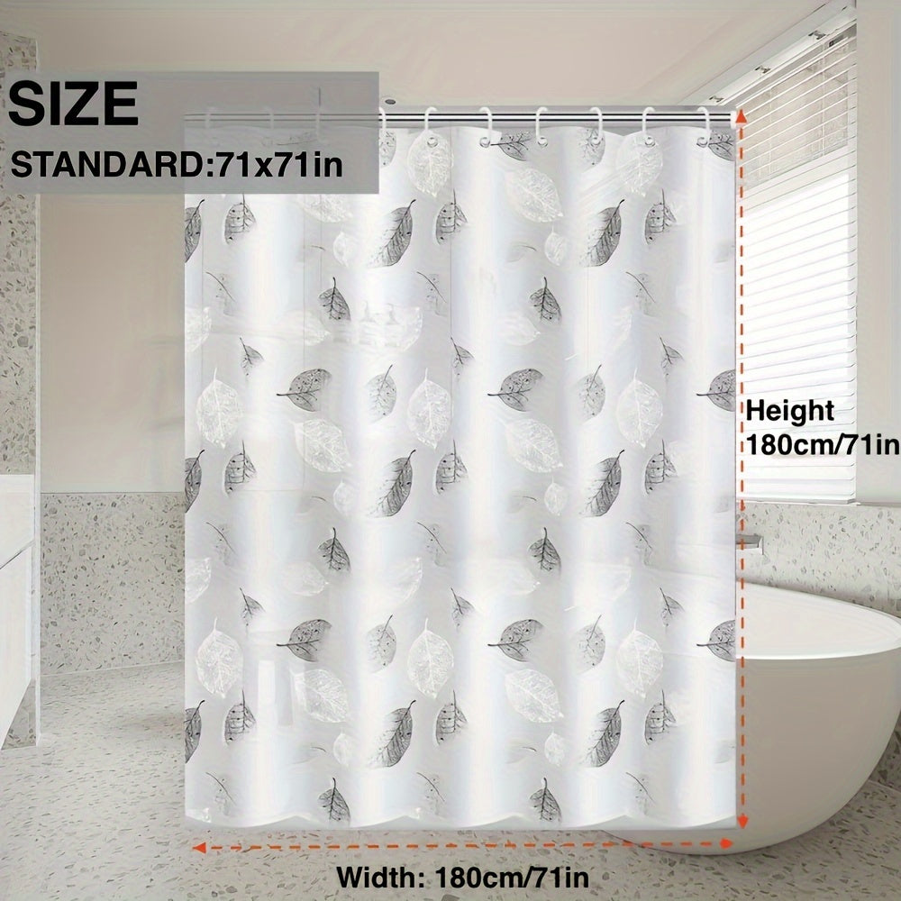 Leaf pattern shower curtain with metal grommets, easy to clean, includes hooks, ideal for bathroom decor and gift-giving.