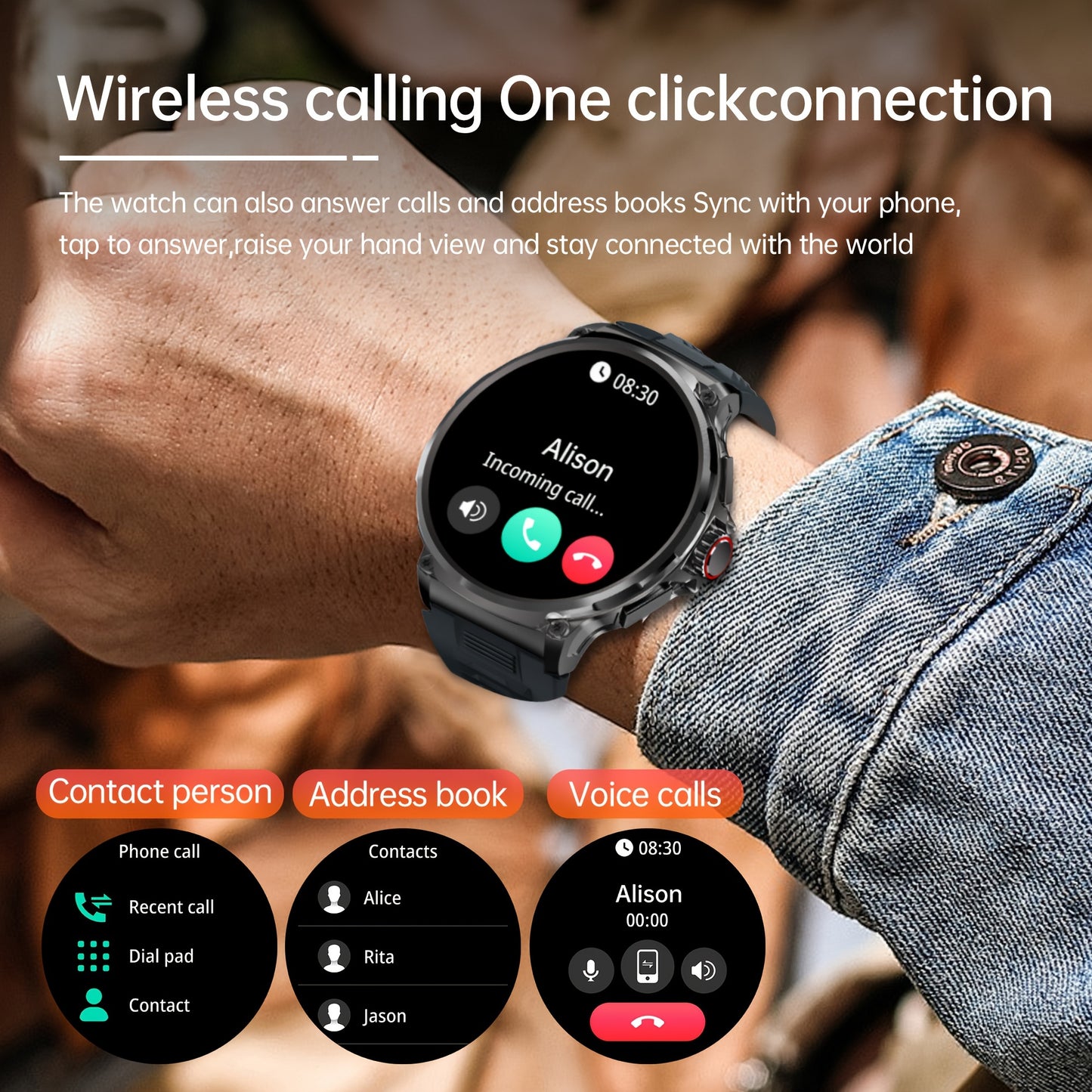 TIZOOP Outdoor Smart Watch features a 4.7cm HD display, 710mAh long-lasting battery, 100+ sports modes, step tracking, activity reports, and water resistance for both Android and iOS phones.