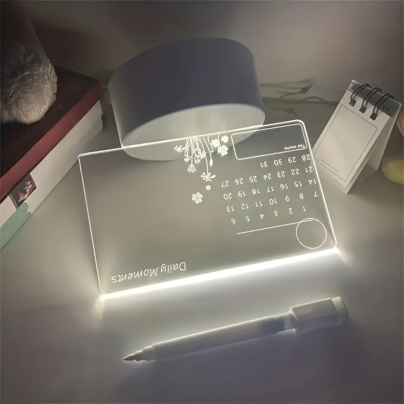 3D Handwritten Night Light with Calendar DIY Writing Board and White Base. Includes stylus for creativity and transparent luminous acrylic message board. LED Table Lamp and creative desktop night light, perfect for giving as a gift.