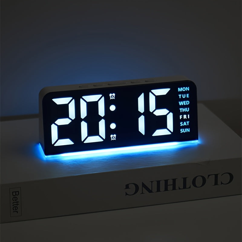 Digital LED Alarm Clock with USB power, sleek black plastic frame, dual time display, modern design for bedroom decor. Battery-operated (AAA not included).