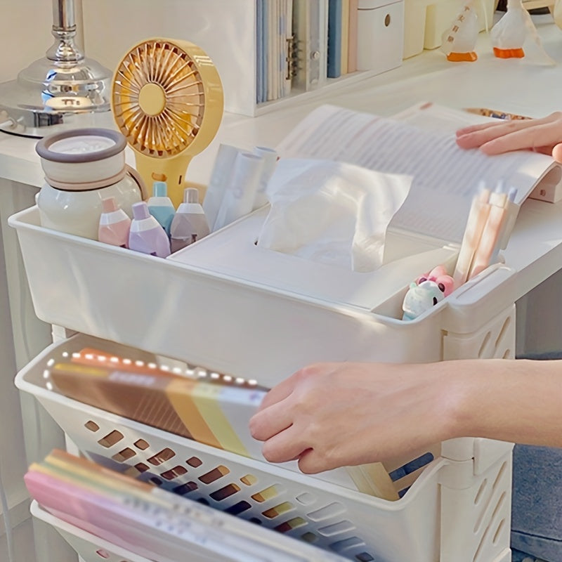 White plastic storage shelf with 5 or 6 layers for organizing items in office.