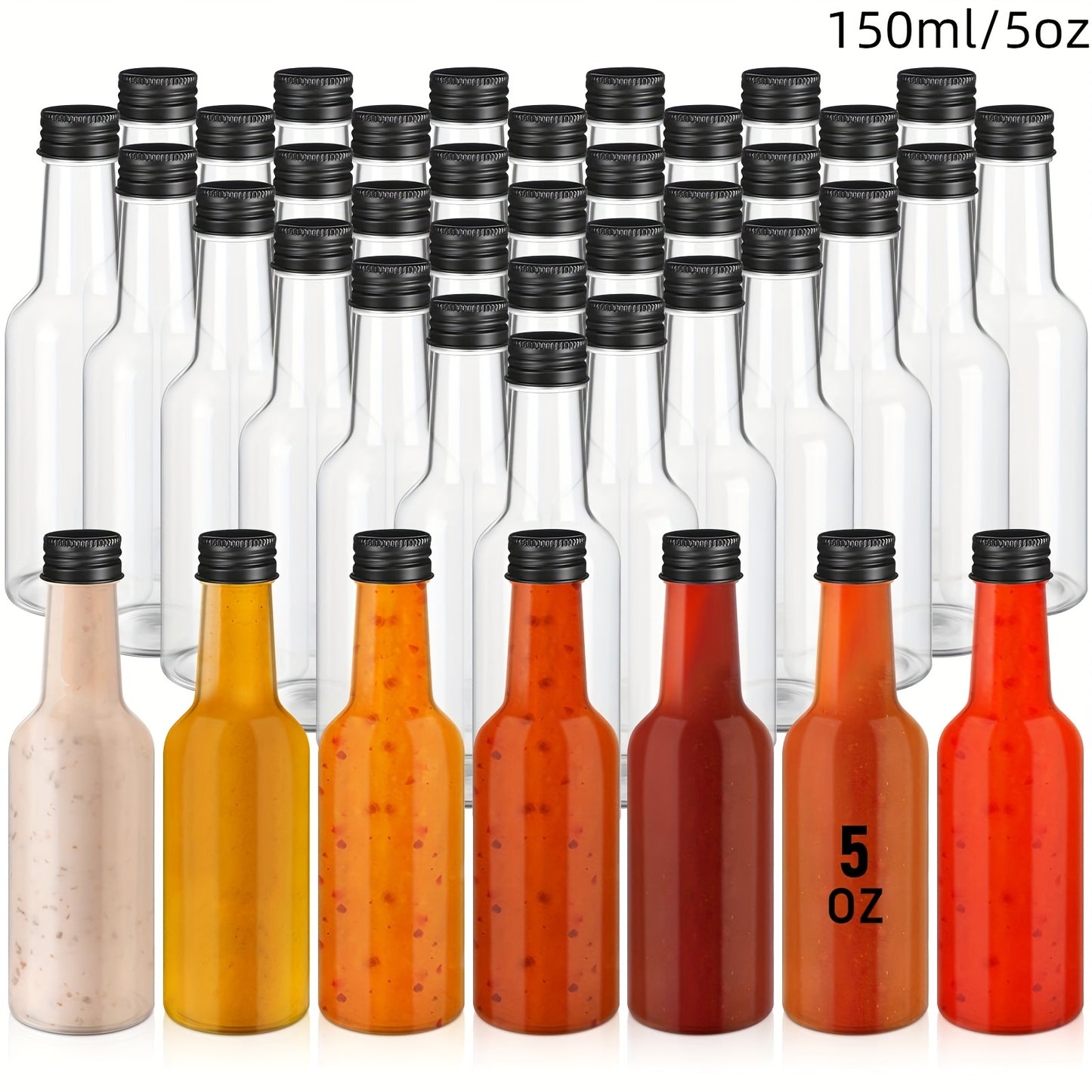 50 reusable plastic mini liquor bottles in 0.85oz and 1.7oz sizes, perfect for weddings and birthdays. Ideal for alcohol, juice, wine, or hot sauce.