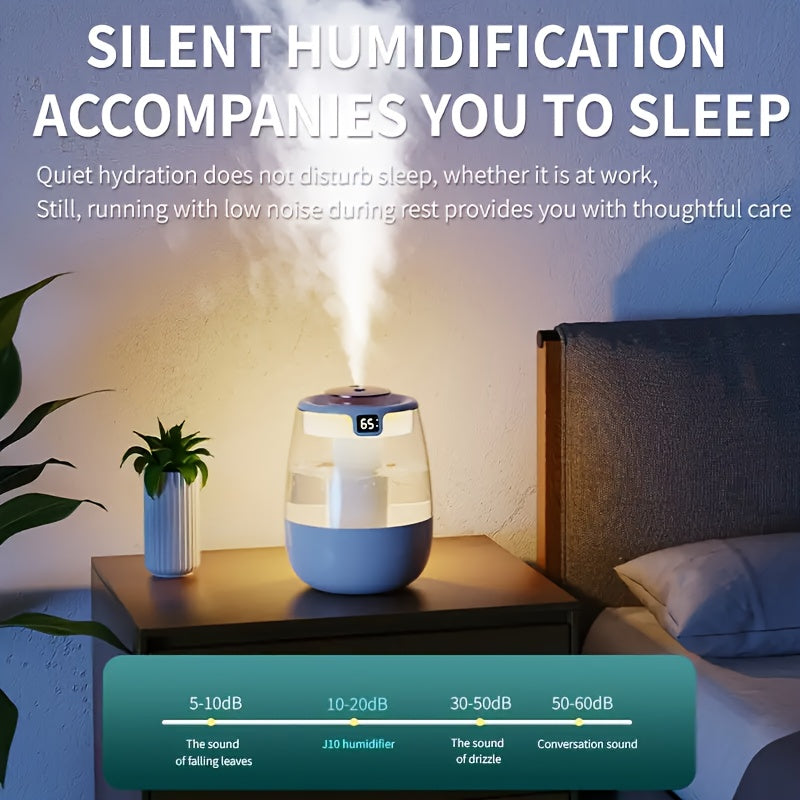 Large ultrasonic aromatherapy humidifier with USB power, silent operation, double spray modes, humidity display, warm night light, for home and office use, compatible with various room types.