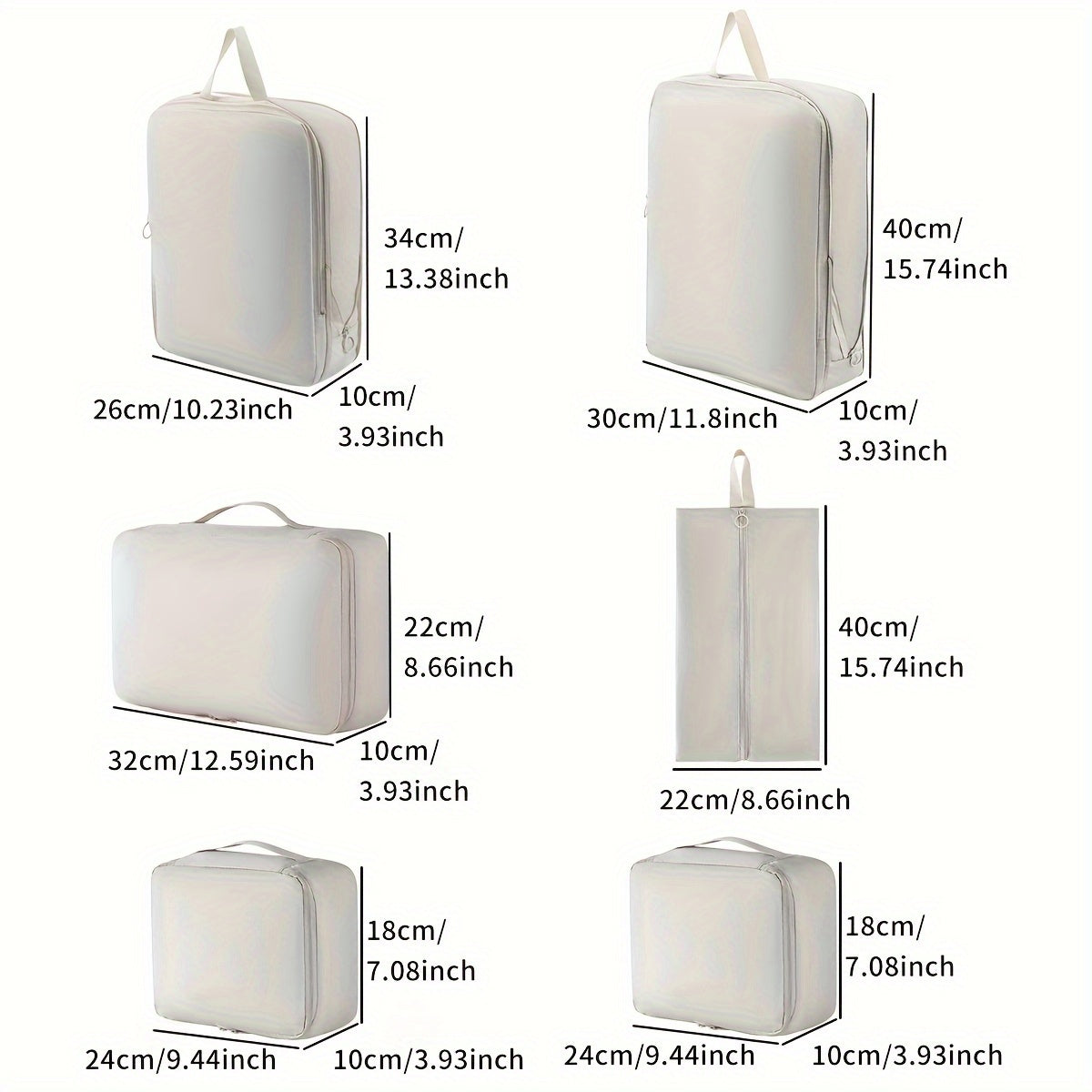 Durable 6-piece packing cubes set made of polyester for organizing clothes, toiletries, and luggage while traveling.