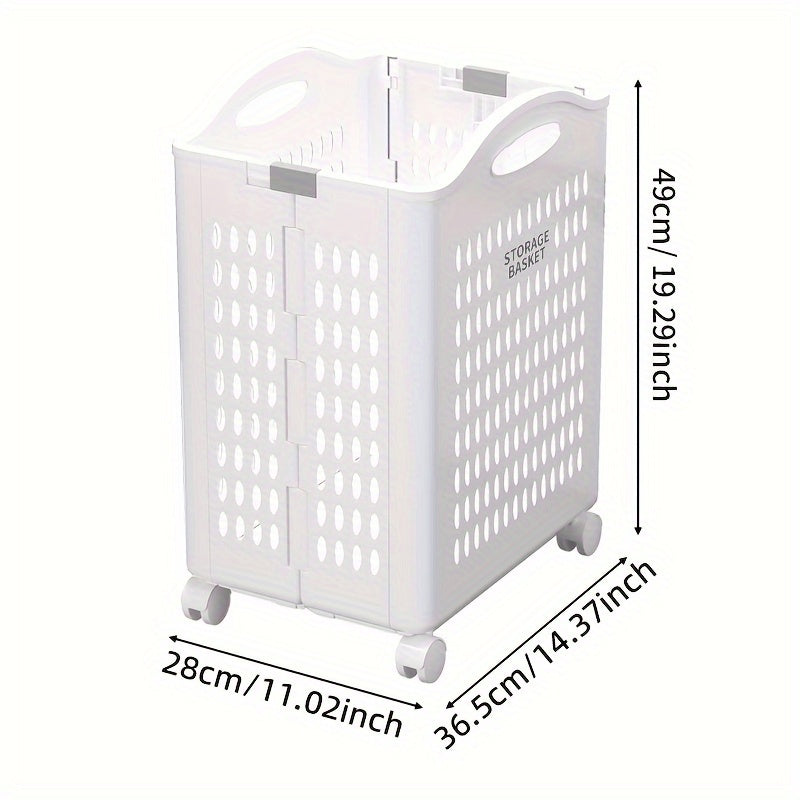 One piece of a large collapsible wheeled laundry basket made of portable plastic, perfect for dorms and bathrooms. Ideal for storing dirty clothes and other laundry items.