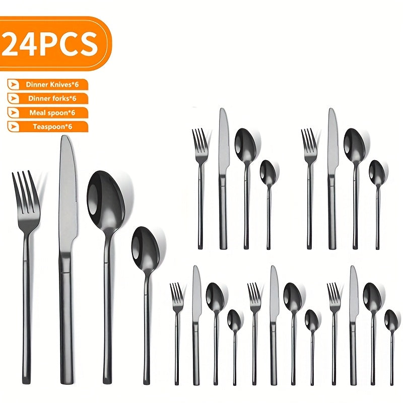 24-piece stainless steel knife, fork, and spoon set, including steak knives. Safe for dishwasher. Ideal for home kitchen.