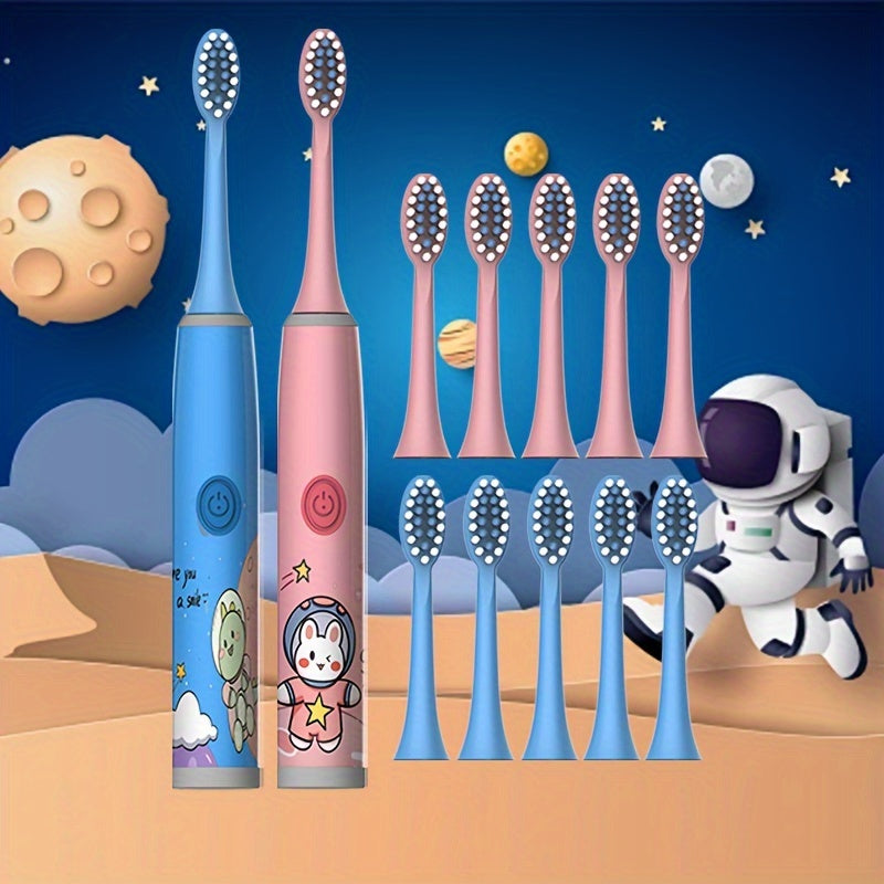 2 Electric Toothbrushes with 12 Brush Heads, Cartoon Space Series, Battery Powered for 3-13 year olds, Gentle Bristles, 2min Timer, Tooth Protection, Gift