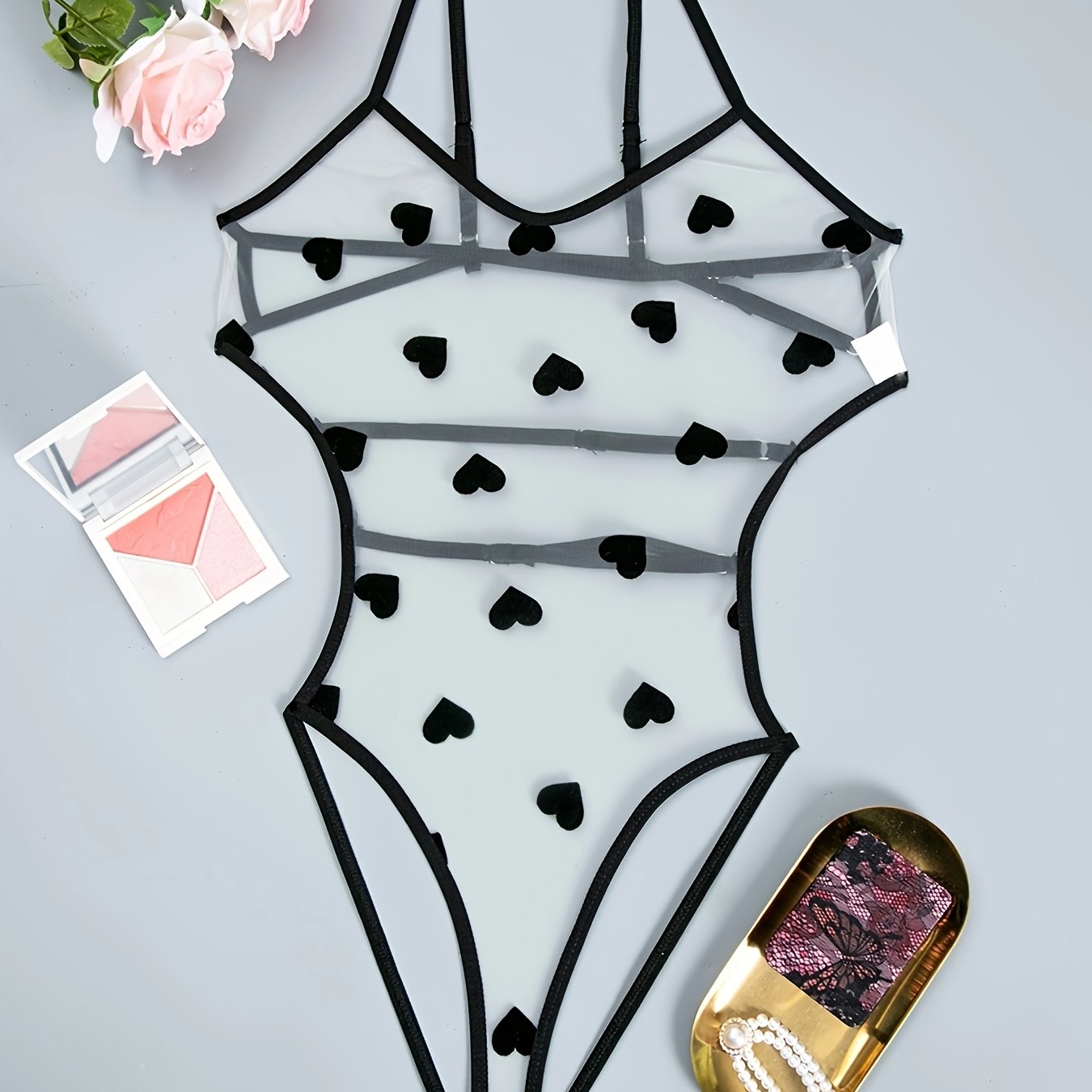 Ayollar uchun Chic Mesh Bodysuit - Qora va Oq To‘qimalar, Shaffof, Yuqori Bel, Kesilgan, Qo‘lda Yuvish mumkin, Polyester