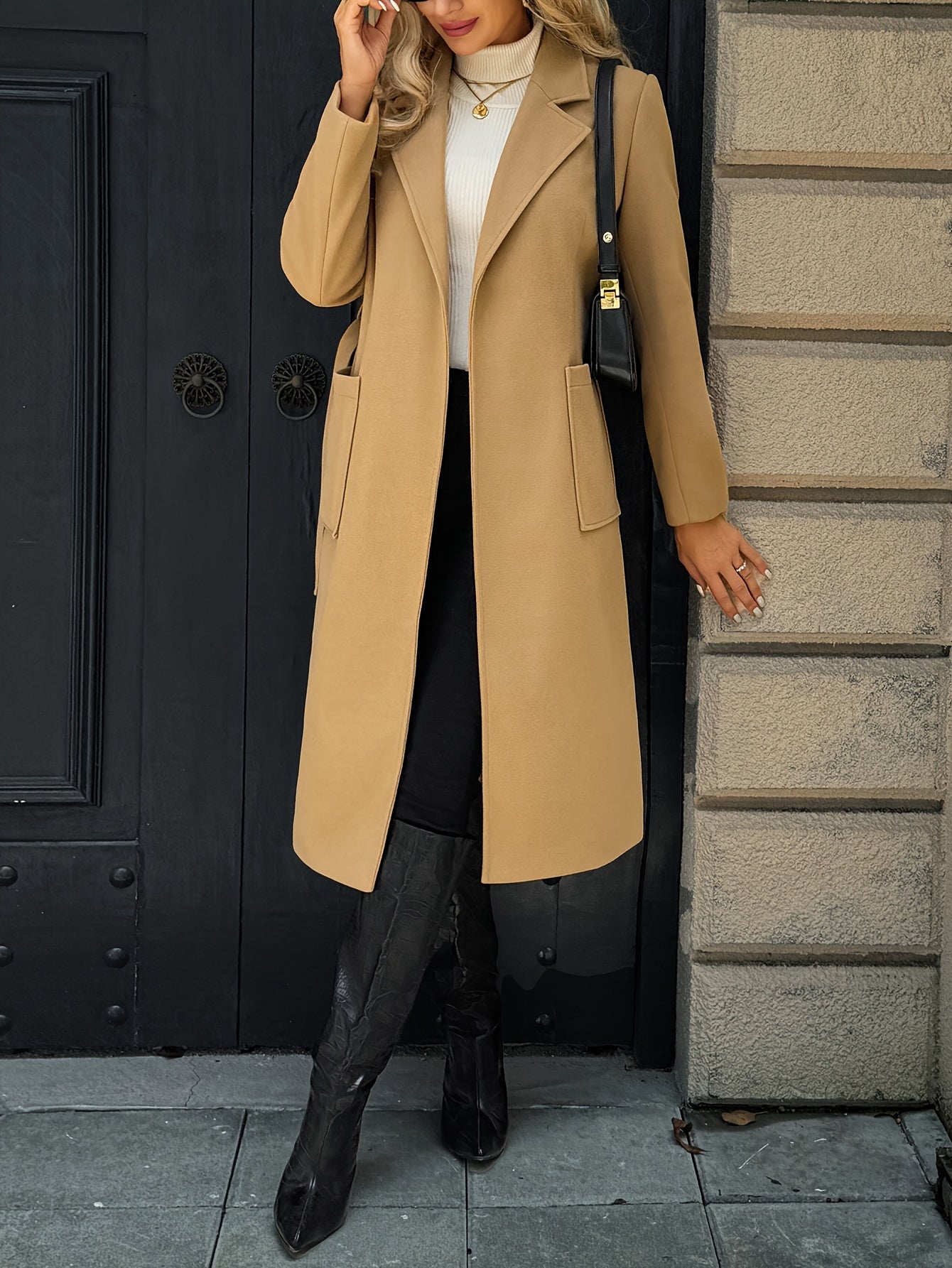 Stylish long polyester coat with belt - solid color, regular sleeve, from Fall/Winter collection.