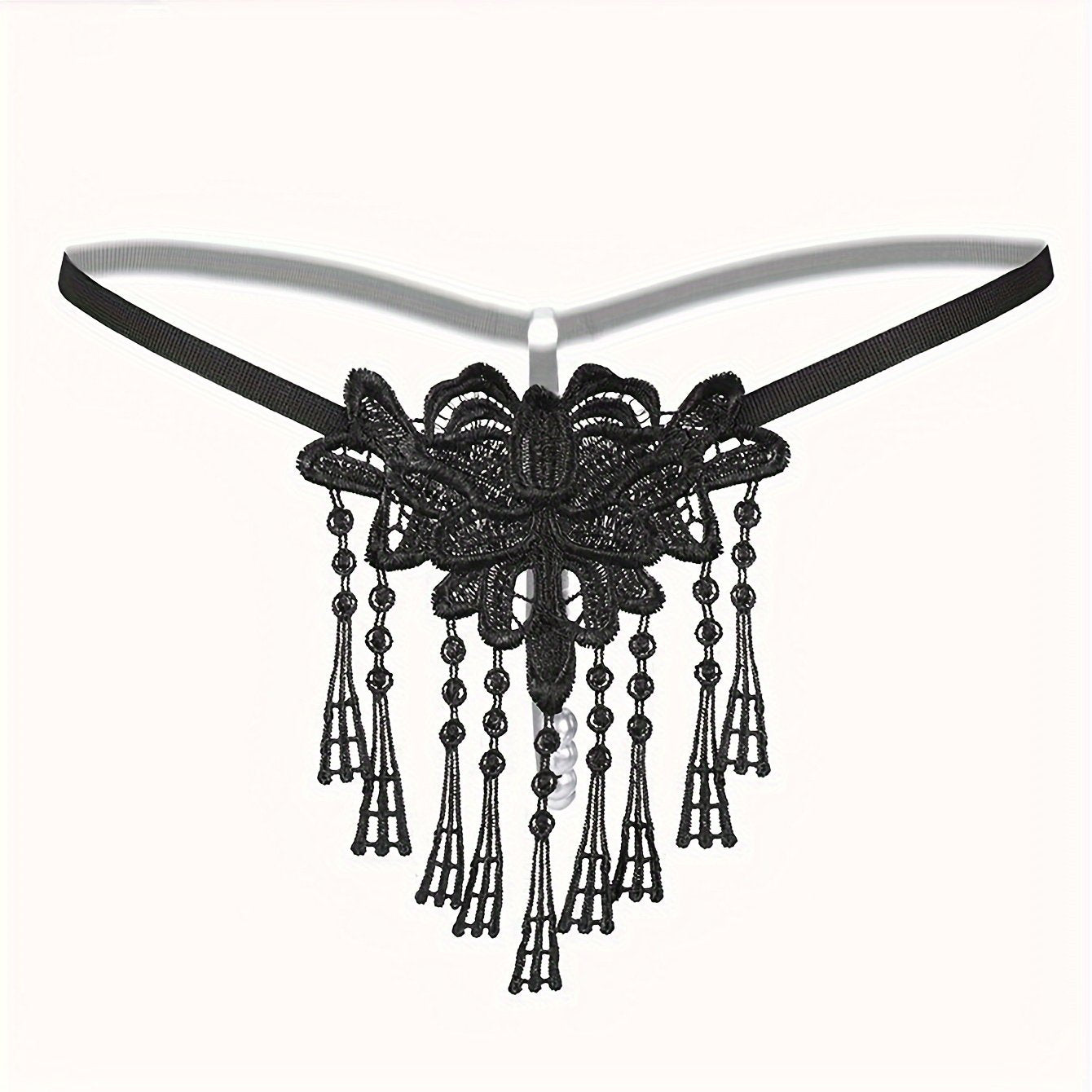 Lace thong with tassels, embroidered V-string panties for adults.