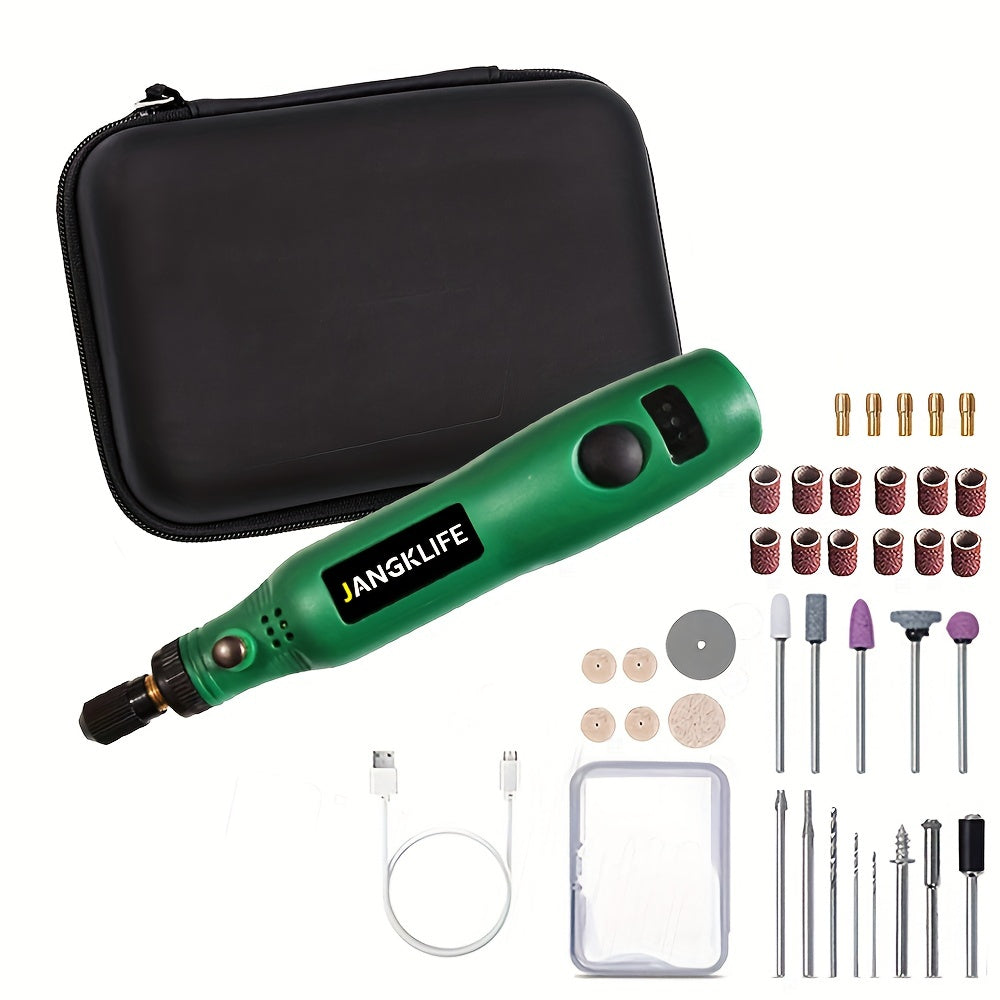 Cordless rotary tools set including rechargeable engraving pen, electric adjustable-speed engraving pen, and portable wood carving tools for grinding, polishing, and etching.